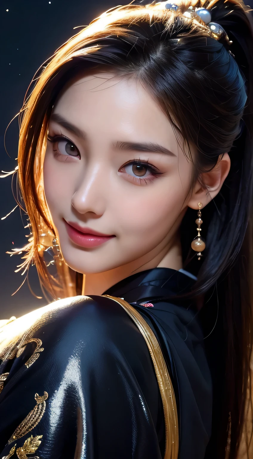 Kimono beauty, body portrait, 8k, thin and beautiful eyes, Dindal effect, masterpiece, top quality, high quality, high resolution, very detailed photo, (natural skin texture, fine skin, hyper realism, super sharpness) , high detail skin, (very fine, fine skin texture, intricate details, beautiful face, (real-like face), realistic eyes, beautifully detailed eyes, realistic skin, beautiful skin, surreal, Highly detailed, golden ratio, smiling eyes, ((night moonlight background)), body portrait, G cup, big breasts, huge breasts, big breasts, glamorous, shiny bodysuit