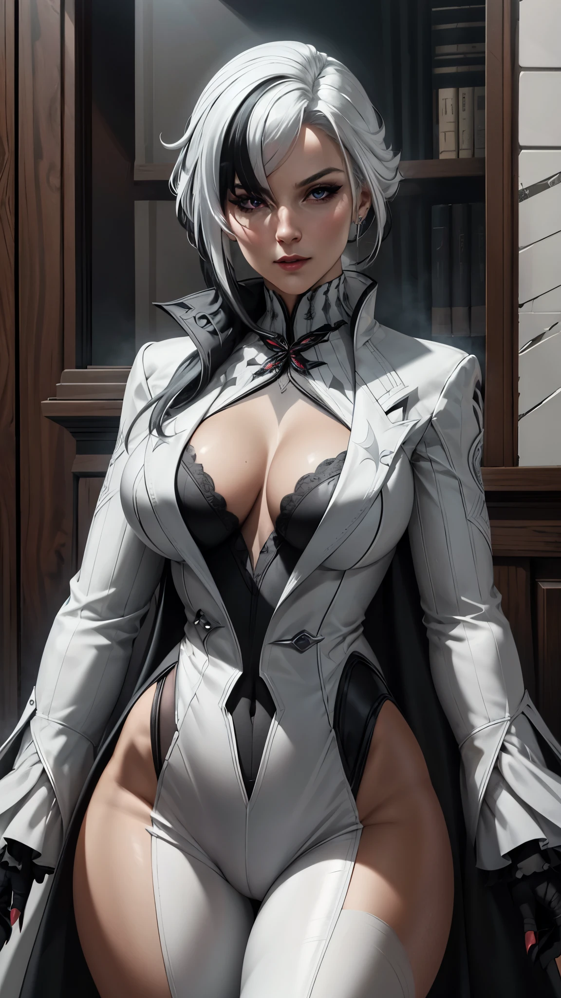 ray tracing,4k, photorealistic,detail,cleavage,detailed face detailed eyes,top anatomy,1 girl,solo,white hair,black hair,multicolored hair,black eyes,x shaped pupils,white arle_suit,face focused