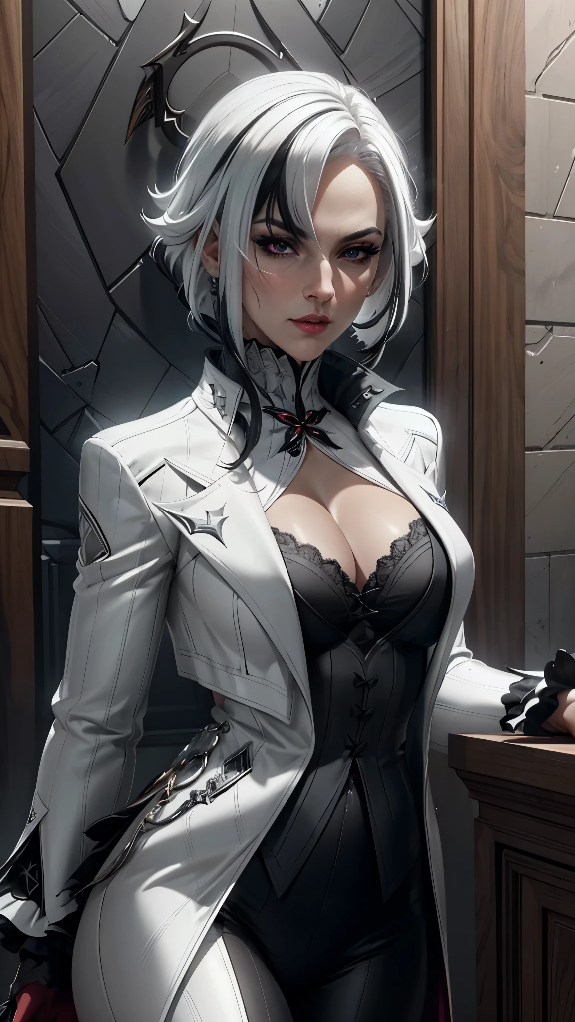 masterpiece, best quality, ultra-detailed, high contrast, realistic,(1woman),beautiful detailed eyes, looking at viewer, small breasts, muscle arms, muscle thighs, sweaty skin, shiny skin, black tattoo, tattoo, chest tattoo, arm tattoo, rib tattoo, breast tattoo, cleavage tattoo, neck tattoo, shoulder tattoo, thigh tattoo, leg tattoo, hip tattoo, huge tattoo. White hair, bob cut Hair. CEO, professional two piece suit, women’s suit jacket, short skirt, glasses, secretary, office building, flirty