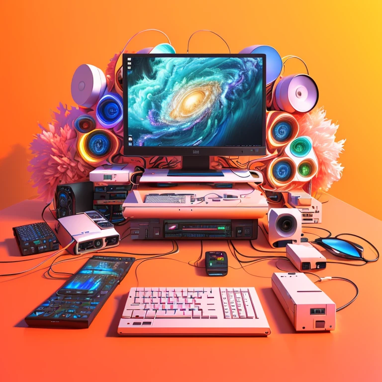 digital drawing, 4k, a close-up of a computer monitor surrounded by various electronics, computer aesthetics, 4d cinema color rendering, digital art rendering, 3 d render beep, beep. hyperrealism, bipe daily art, bipe style, in style of bipe, bipe colors, realism | beep, beep!!