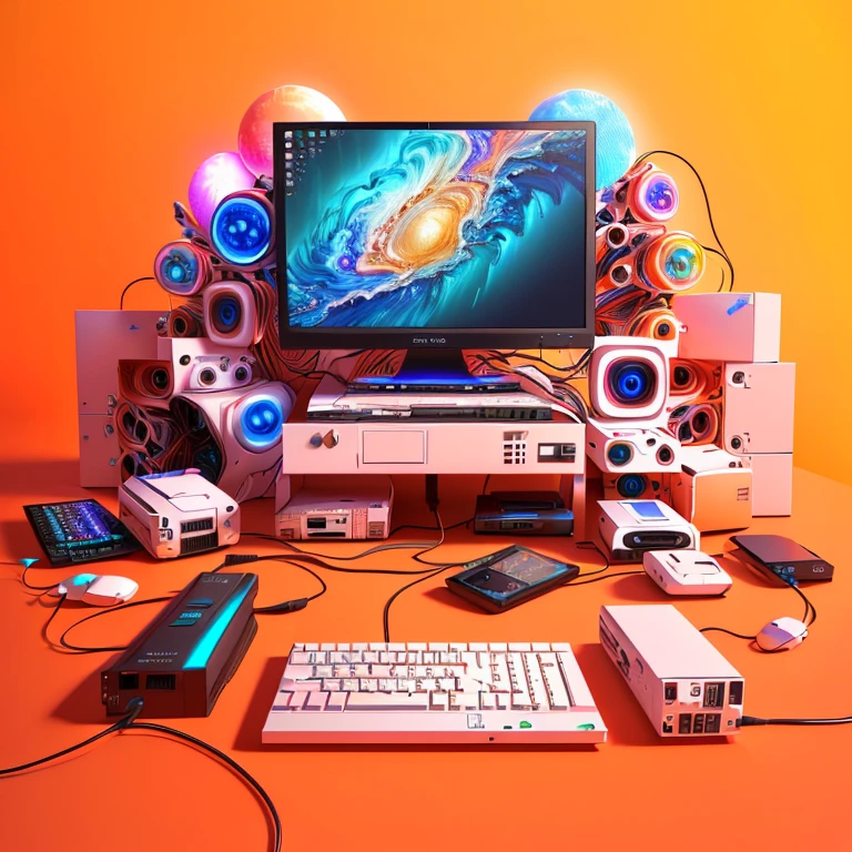 digital drawing, 4k, a close-up of a computer monitor surrounded by various electronics, computer aesthetics, 4d cinema color rendering, digital art rendering, 3 d render beep, beep. hyperrealism, bipe daily art, bipe style, in style of bipe, bipe colors, realism | beep, beep!!