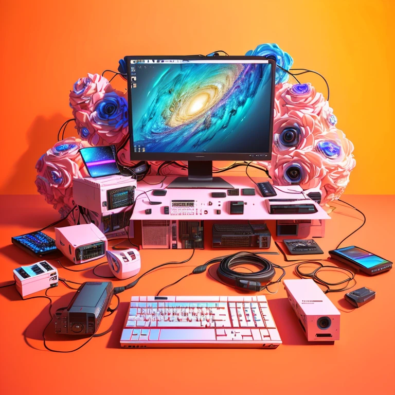 digital drawing, 4k, a close-up of a computer monitor surrounded by various electronics, computer aesthetics, 4d cinema color rendering, digital art rendering, 3 d render beep, beep. hyperrealism, bipe daily art, bipe style, in style of bipe, bipe colors, realism | beep, beep!!