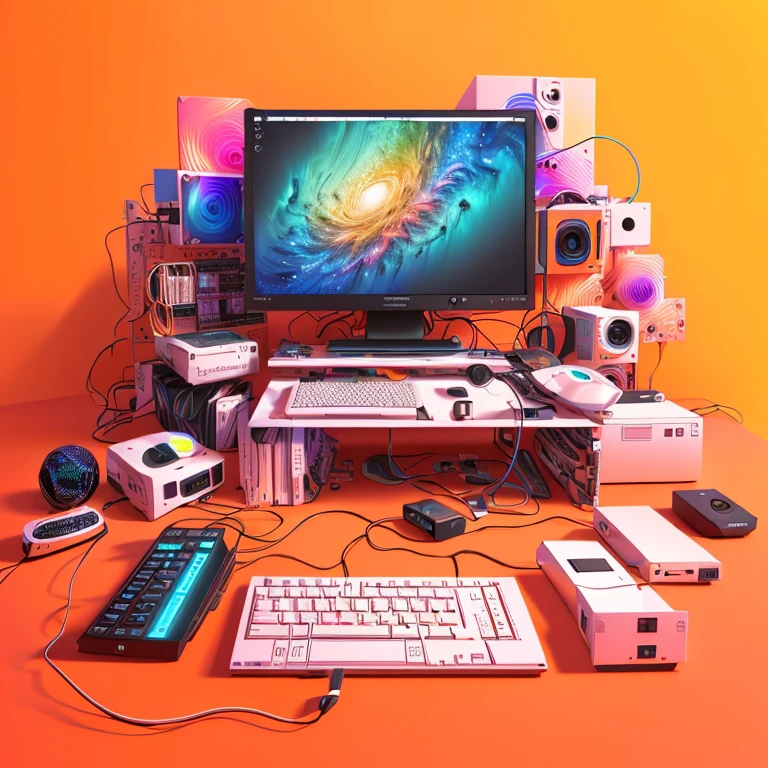digital drawing, 4k, a close-up of a computer monitor surrounded by various electronics, computer aesthetics, 4d cinema color rendering, digital art rendering, 3 d render beep, beep. hyperrealism, bipe daily art, bipe style, in style of bipe, bipe colors, realism | beep, beep!!