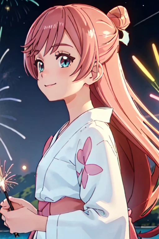 masterpiece, best quality, ultra detailed, highres, extremely detailed CG unity 8k wallpaper, perfect lighting,  very detailed background, beautiful and aesthetic,sharp focus, perfect face, dynamic pose, dynamic angle,
1girl, upper body, (portrait:1.1), medium hair, pink hair, multicolored yukata, kanzashi, looking at viewer,  full-face blush, from side, from below, smile,
night, dark sky, misty lake, mountainous horizon, break,aerial fireworks,  (Full of sky fireworks:1.1),
Shoulder Bare、Off the shoulder