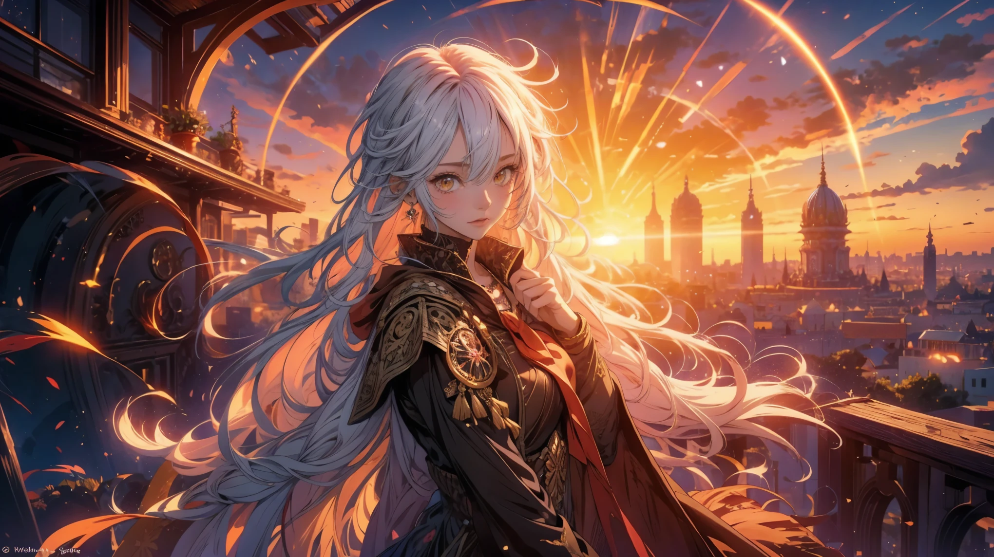 beautiful anime woman, 2. 5 d cgi anime fantasy artwork, high detailed official artwork, 1girl, solo, colorful, yellow eyes, long messy white hair, sun setting in the background, early morning sunrise, sunset in the background, sun in the background, the sun is setting, taken at golden hour, morning sunrise, the sun up on the sky is strong, sunset view, sun at dawn, with the sun shining on it, sunset in background