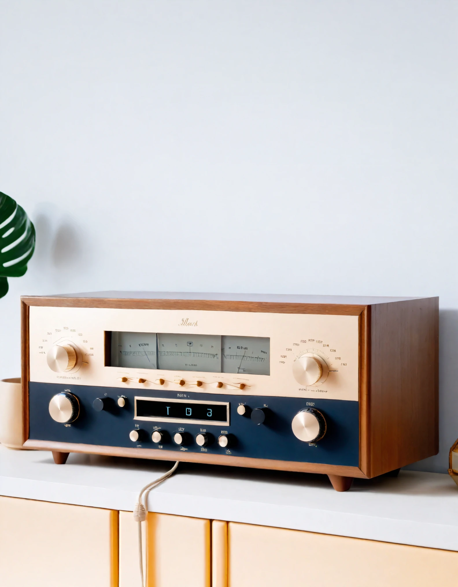 Capture a 35mm vintage photograph style image featuring an antique stereo tuner. The tuner should have a classic design, with detailed dials, switches, and a retro aesthetic. Emphasize the wear and tear that suggests its age and historical significance. The photograph should have the characteristics of vintage photography, such as graininess, slight color fading, and a muted color palette. The lighting should be soft, as if the photo was taken with natural light, adding to the nostalgic feel of the image.