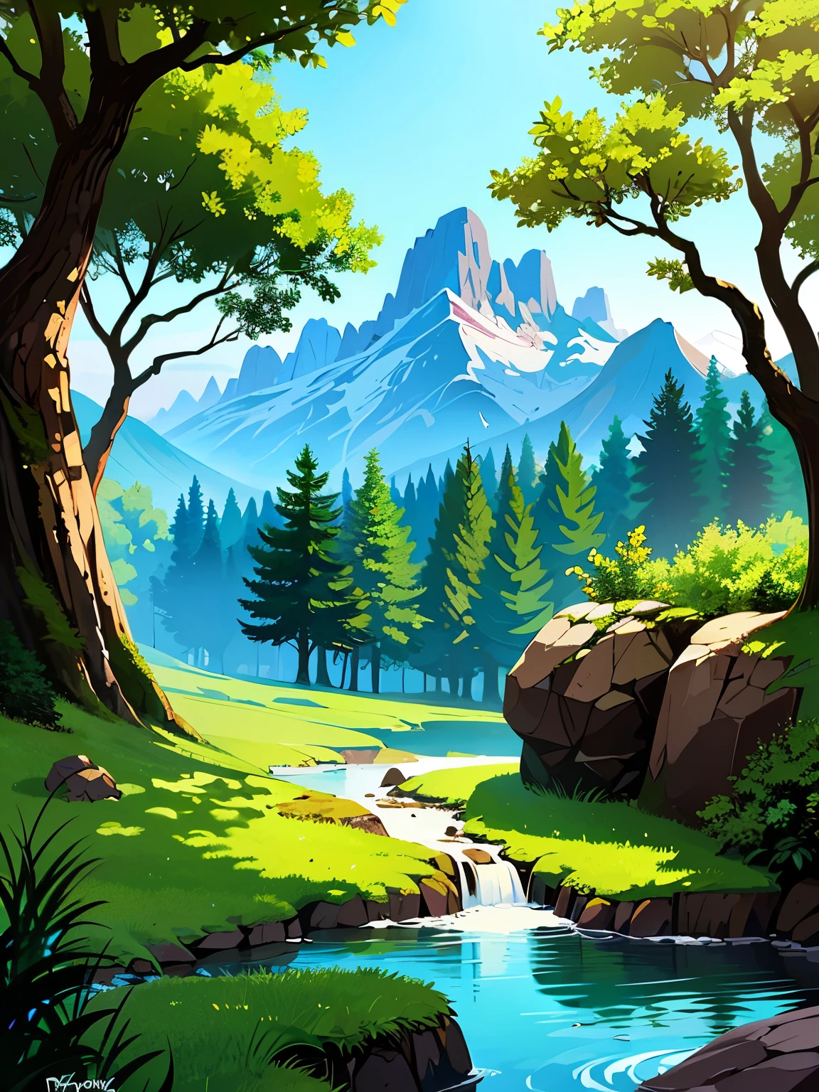 There is no one、There are a few animals、((Nobody is here))、((A natural landscape without any man-made objects))、((In the Swiss forest with rocky peaks in the distance))、There is no way、There are no buildings、Untamed Nature、High quality、Detailed