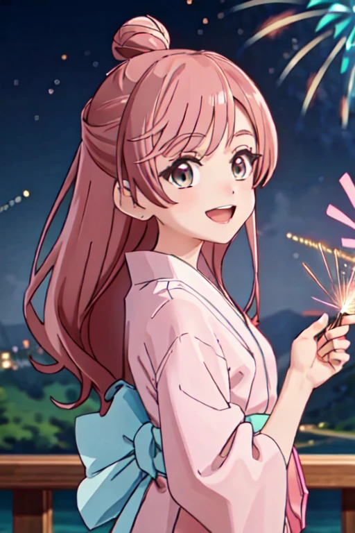 masterpiece, best quality, ultra detailed, highres, extremely detailed CG unity 8k wallpaper, perfect lighting,  very detailed background, beautiful and aesthetic,sharp focus, perfect face, dynamic pose, dynamic angle,
1girl, upper body, (portrait:1.1), medium hair, pink hair, multicolored yukata, kanzashi, looking at viewer,  full-face blush, from side, from below, smile,
night, dark sky, misty lake, mountainous horizon, break,aerial fireworks,  (Full of sky fireworks:1.1),
Shoulder Bare、Off the shoulder