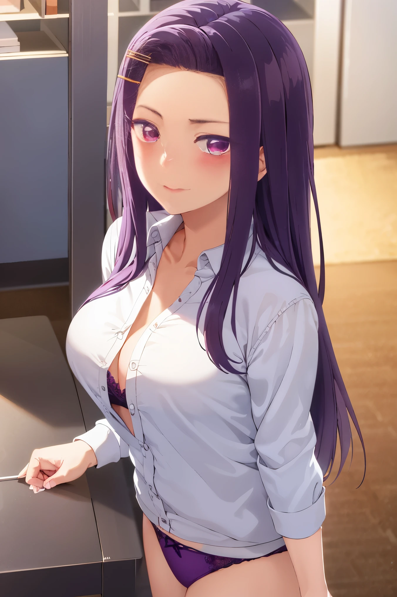 masterpiece, ultra-detailed hair, better lights, better shadows, mom,1girl, , breasts, purple panties, purple hair, solo, long hair, large breasts, purple eyes, looking at viewer, hair ornament, white shirt, open buttons, bra revealed, hair clip, blush, indoors, , closed mouth, pantylines, standing, 