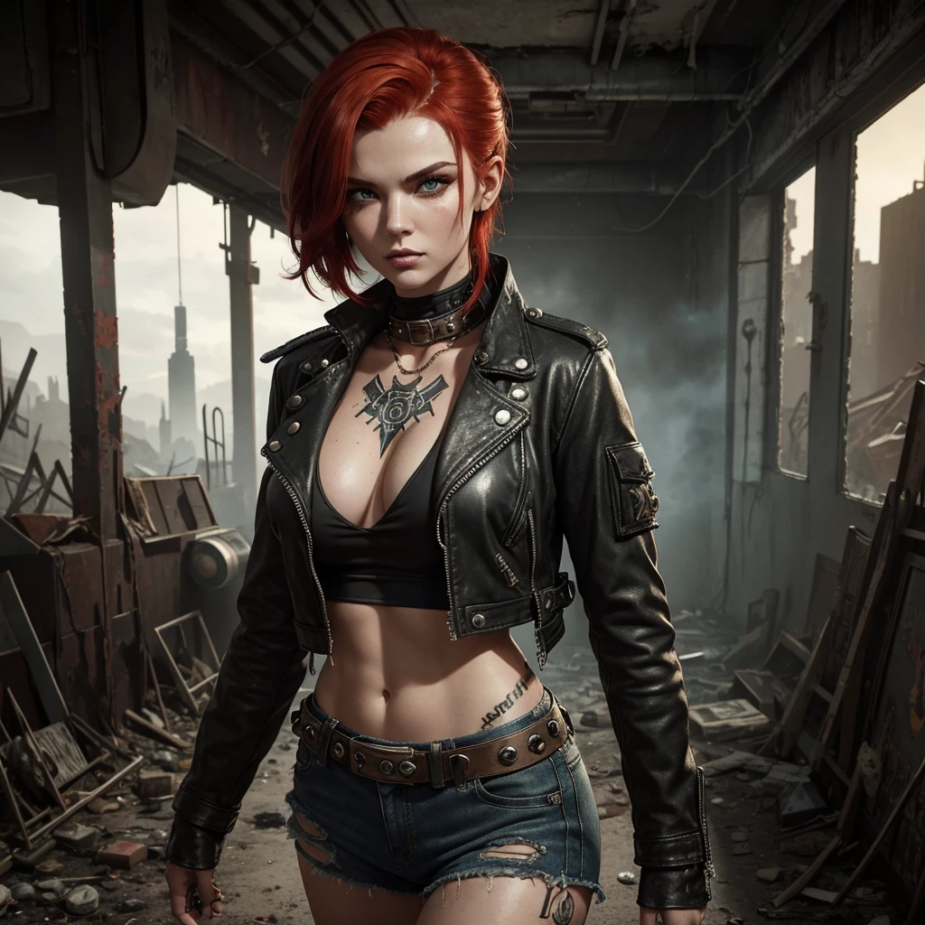 Fucy MacLean, Fallout: Picture a captivating image of Fucy MacLean, a woman with fiery red hair that frames her timeworn, asymmetrical face. Her youthful eyes, vibrant and full of curiosity, are encircled by thick, dark lashes. With a trendy, edgy style, she wears a distressed leather jacket adorned with metal studs and a radiation symbol. Her scanty outfit reveals her toned midriff and a hint of fallout-inspired tattoos. Standing in a dimly lit, abandoned cityscape, she exudes an aura of strength and defiance. The looming ruins of buildings