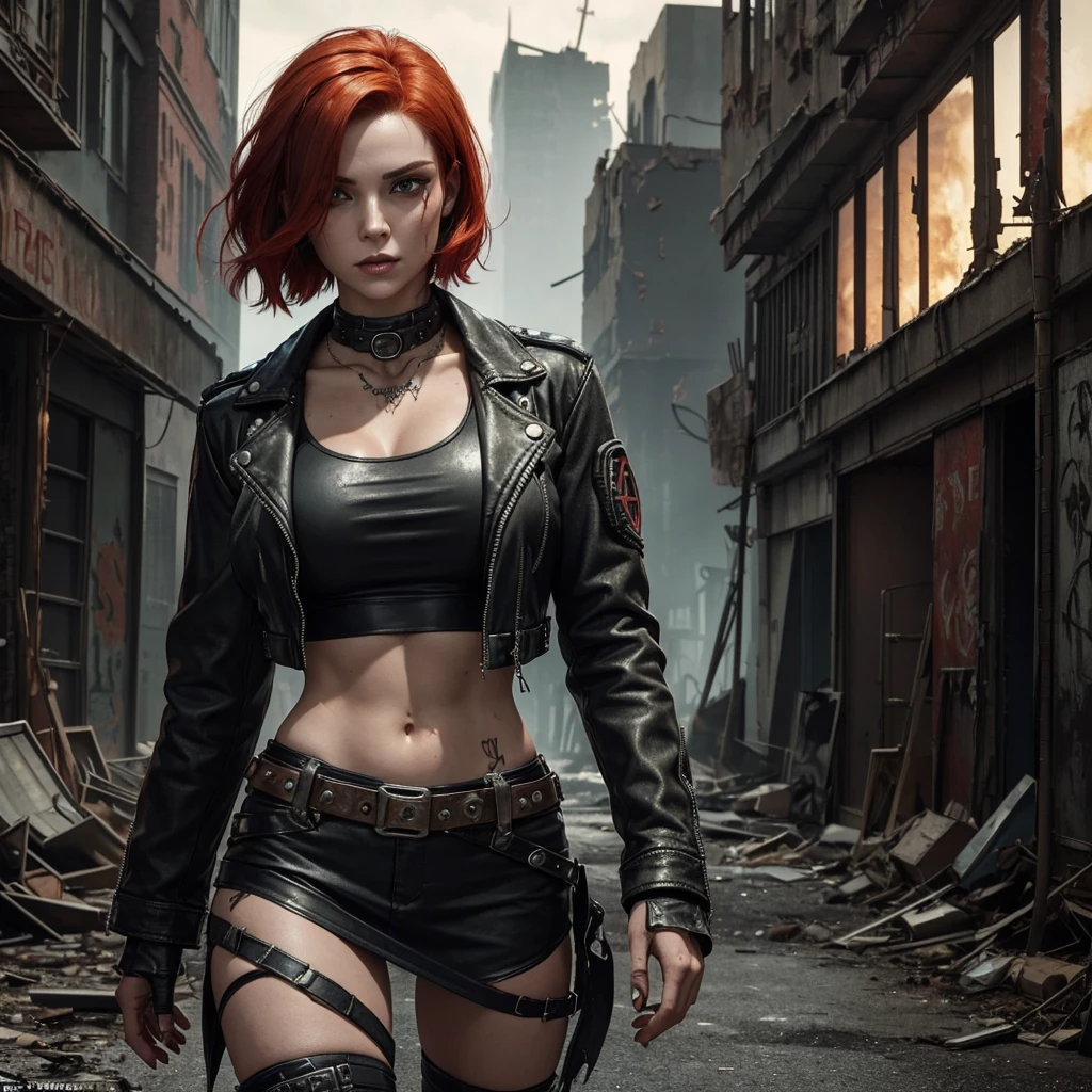 In the Wasteland, 18-year-old beautiful girl in the style of Natasha Romanoff...., from Marvel Comics, intergalactic anti-heroine, known for her cruelty and sarcastic behavior.. She is depicted as an alien humanoid with pale white skin....., long light hair, and super muscular physique .. Her bright blue eyes give her a menacing look........ Often dressed in an open black leather vest....., Short skirt, and heavy boots, She has a punk rock look. With tattoos all over my body, emphasizing his seasoned character.,