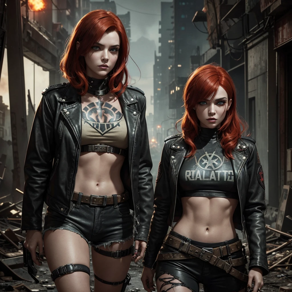 Fucy MacLean, Fallout: Picture a captivating image of Fucy MacLean, a woman with fiery red hair that frames her timeworn, asymmetrical face. Her youthful eyes, vibrant and full of curiosity, are encircled by thick, dark lashes. With a trendy, edgy style, she wears a distressed leather jacket adorned with metal studs and a radiation symbol. Her scanty outfit reveals her toned midriff and a hint of fallout-inspired tattoos. Standing in a dimly lit, abandoned cityscape, she exudes an aura of strength and defiance. The looming ruins of buildings
