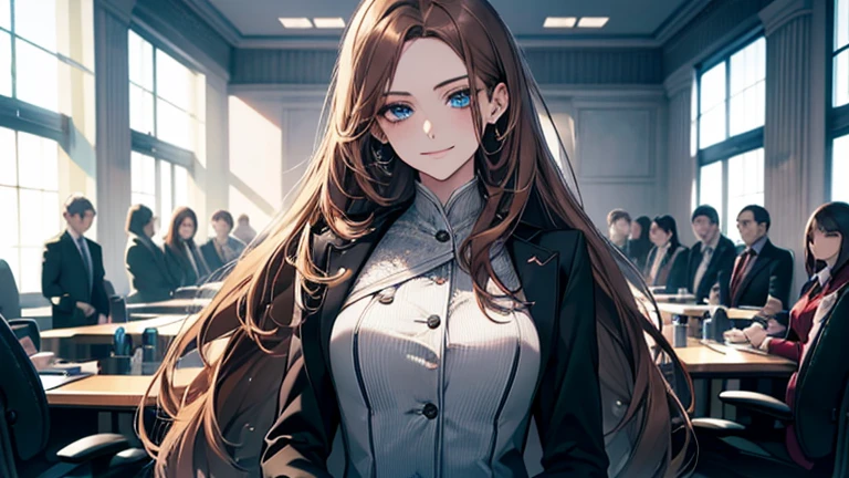 (highest quality,High resolution,Very detailed),1 girl, Beautiful and elegant light blue eyes, Brown Hair, Cold Smile,Straight long hair tied back, Wearing a black suit,secretary, Mature Woman, Age 25,Cruel smile, Calm and Calm, Slim figure,Small breasts, Pale complexion, thin, Calm, In the conference room.