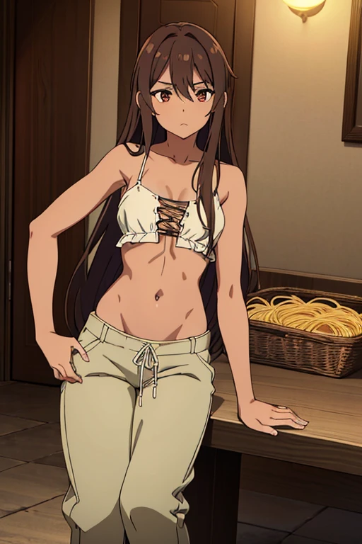 ((best quality)), ((masterpiece)), (detailed), perfect face, brown skin anime girl in a lace-up V Neck 
Spaghetti Strap Backless Cami Top, (trousers), famished in hunger, (gently resting hands on stomach), (long hair), (hands on her stomach)