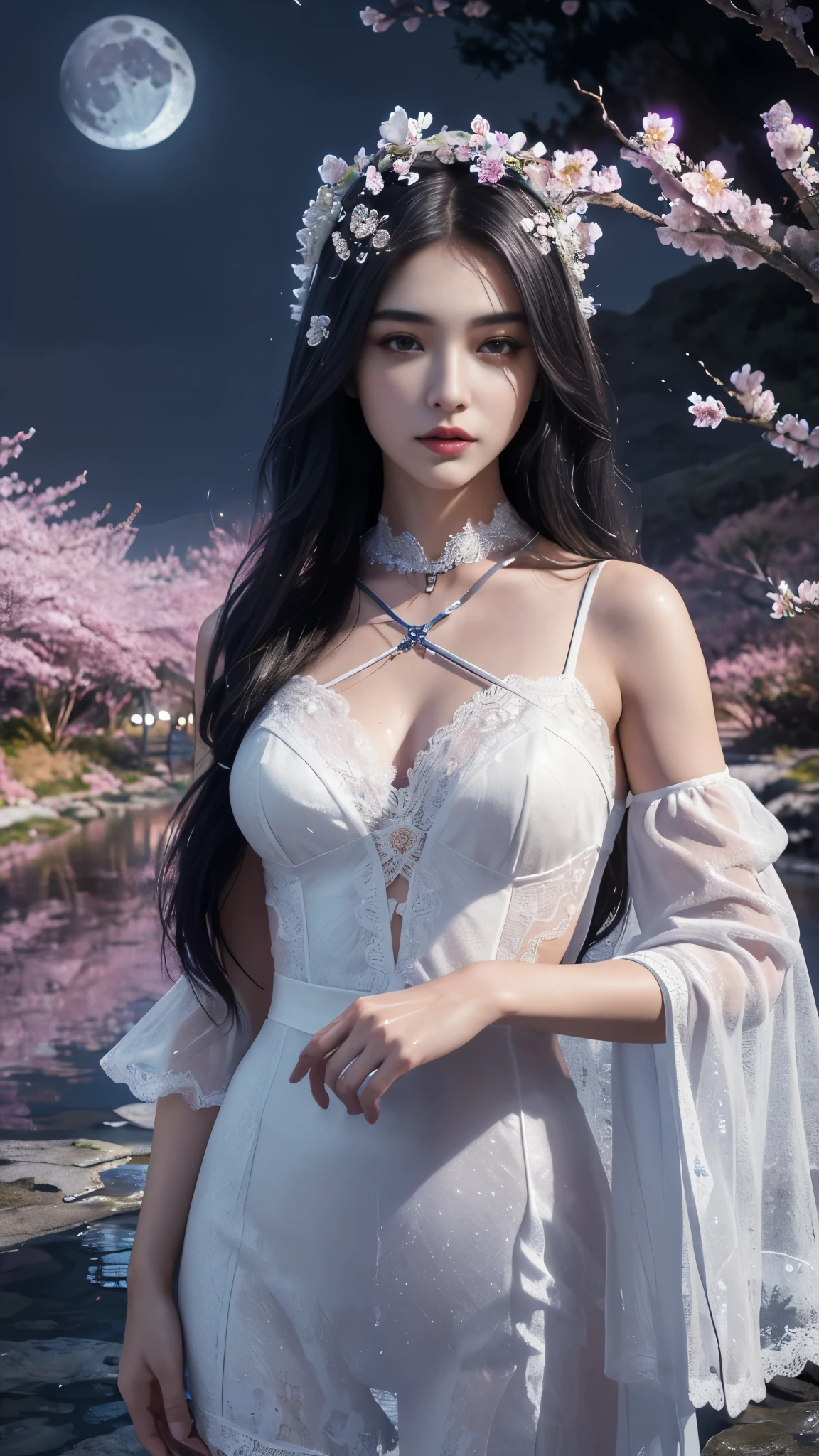 8K, ultra hd, masterpiece, 1 girl, ((18 years old girl)), good face, very long hair, detailed eyes, detailed lips, small breasts, detailed clothing, white clothing, ((criss-cross lace), sardine, ornament, jewellery, antique jewellery, loops, straps, dim lighting, epic scenery, ((night scenery:1.5)), ((moon light)), cherry blossom, beautiful, rain, flowers, butterfly, water reflection, RTX 4090, (unreal engine 5), ray tracing, bloom effect, front body,