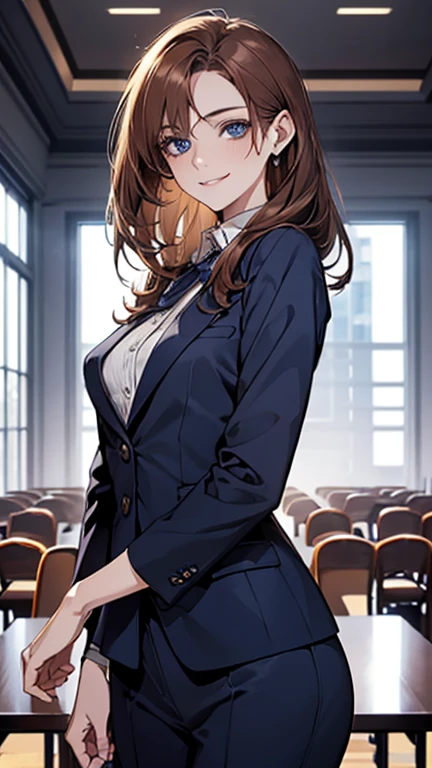(highest quality,High resolution,Very detailed),1 girl, Beautiful and elegant light blue eyes, Brown Hair, Cold Smile,Medium Hair, Wearing a navy blue suit,secretary, Mature Woman, Age 25,Cruel smile, Calm and Calm, Slim figure,Small breasts, Pale complexion, thin, Calm, In the conference room.