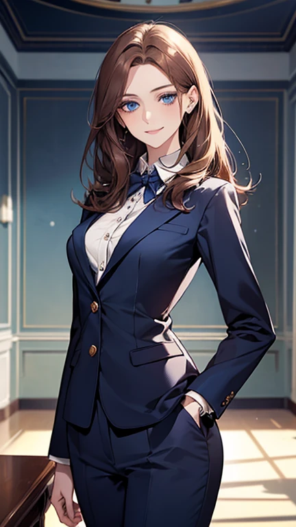 (highest quality,High resolution,Very detailed),1 girl, Beautiful and elegant light blue eyes, Brown Hair, Cold Smile,Medium Hair, Wearing a navy blue suit,secretary, Mature Woman, Age 25,Cruel smile, Calm and Calm, Slim figure,Small breasts, Pale complexion, thin, Calm, In the conference room.