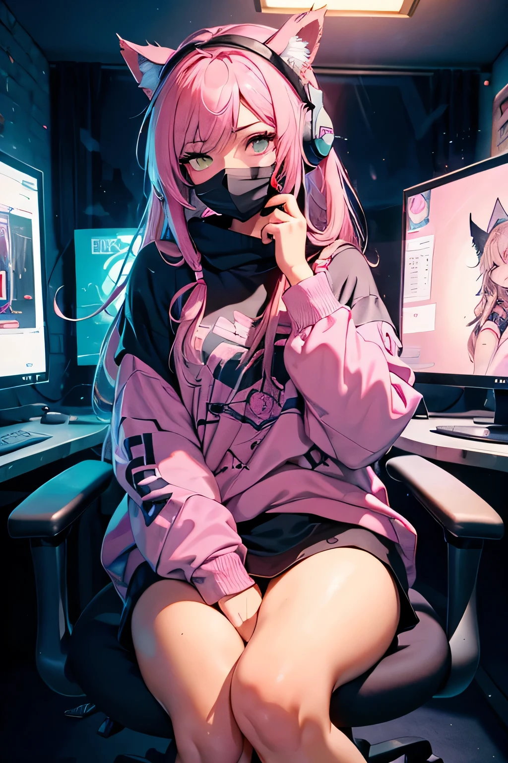 Highest image quality, outstanding details, ultra-high resolution, the best illustration, favor details, highly condensed, 1girl with long dreadlocks , face blinded by a mask, ,the girl is wearing a gaming headset with cat ears, woman sitting on a big pink gaming chair, rose vibe, (rose colors),futurist style , big desk with many screens and a big gaming computer, , the girl is a hackers girl, some rose, cyberpunk, rose power, dressed in a fluo luminescent pink clothes , the background is a high-tech lighting scene in a gaming room with fluo luminescent graffiti on the walls , full view of woman, plan large, black neon tubelight 