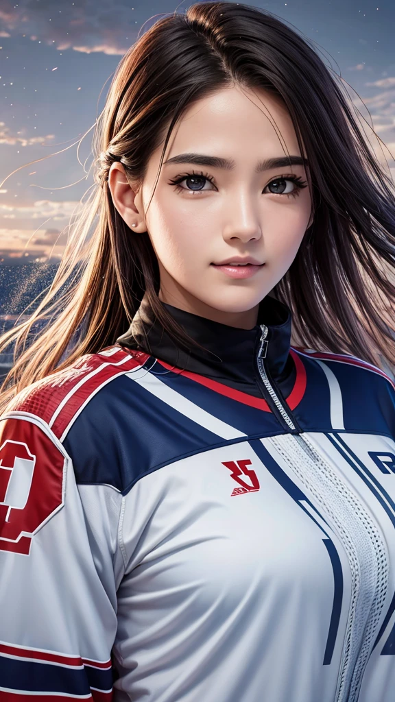 (8K), (Best Quality: 1.2), (Realistic), (Photorealistic: 1.35), ((Dignified Expression))), Ultra High Definition, 1 Girl, Cute, Smile, Closed Mouth, Beautiful Details, Beautiful Nose, Female Ice Hockey Player, Sexy, Powerful and Attractive, Beautiful Expression, Big,