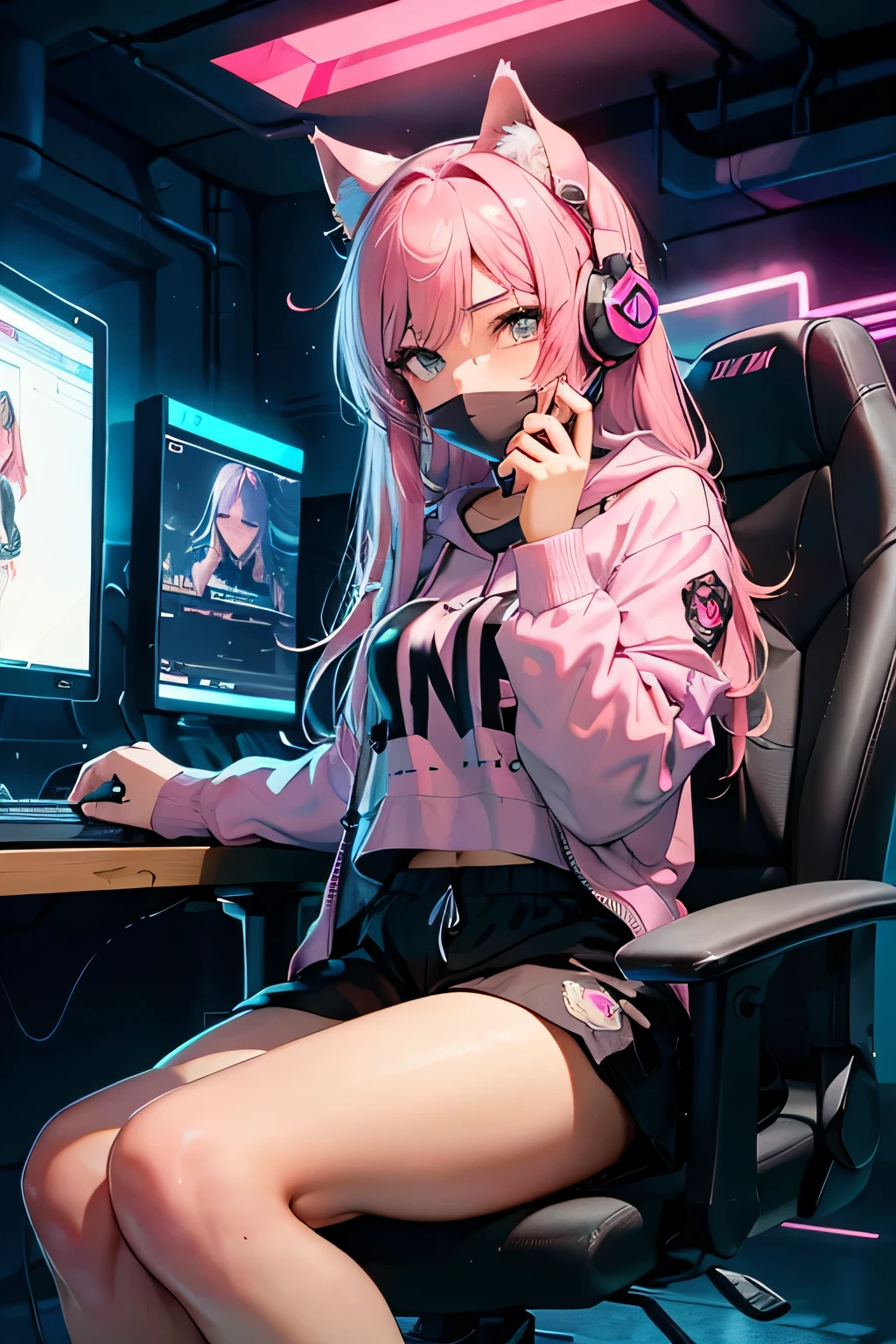 Highest image quality, outstanding details, ultra-high resolution, the best illustration, favor details, highly condensed, 1girl with long hairs , face blinded by a mask, ,the girl is wearing a gaming headset with cat ears, woman sitting on a big pink gaming chair, rose vibe, (rose colors), futurist style , big desk with many screens and a big gaming computer, , the girl is a hackers girl, some rose, cyberpunk, rose power, dressed in a fluo luminescent pink clothes , the background is a high-tech lighting scene in a gaming room with fluo luminescent graffiti on the walls , full view of woman, plan large, many fluo lights, black neon tubelight 