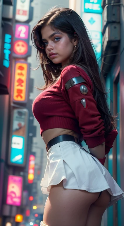 Selena Gomez, cabello rubio ondulado, usar gafas, usar una gorra, vistiendo una camiseta roja rota por la mitad y mostrando sus pechos NSFW, (miniskirt red plisada:1.4)( post city Tokio colors:1.4), NSFW, ,More detailed 8K.motor irreal:1.4,UHD,La mejor calidad:1.4, fotorrealista:1.4, textura de la piel:1.4, obra maestra:1.8,obra-prima, mejor calidad,objeto Objeto], (detailed face features:1.3), manos detailed  ,(Selena Gomez:1.4) ,(colors cyberpunk:1.4),fondo azul agua, (sexy vestuario:1.4) ,Uniforme colegiala sexy  ,