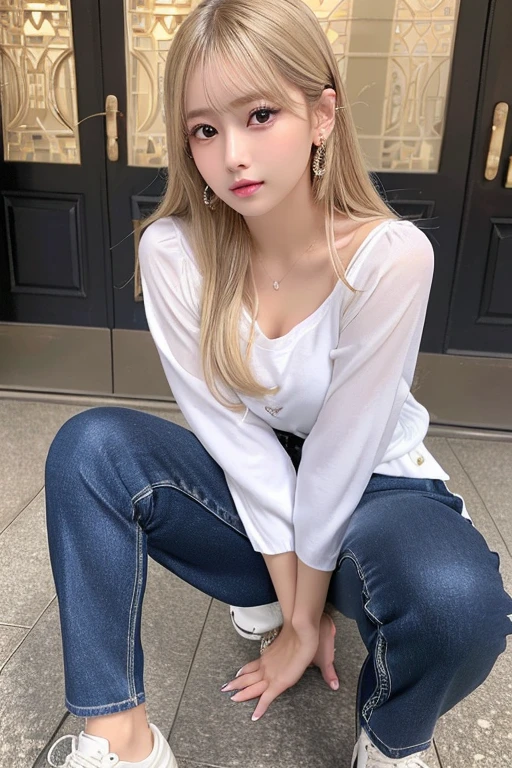 Very detailed、High resolution、Super Beauty　highest quality、masterpiece、Navy High Soccer Mix Real、(Live Shooting:1.2)、(Realistic:1.4)、The beauty of beautiful details　Delicate expression、blonde、((I can see your pants))(Crouching panty shot)Earrings、eyelash、Sparkling eyes、Glossy Lips、Fine and beautiful eyes、Large file size、、(Japanese Girls&#39; High School Uniform))、Very detailedな表現、The finer details、Very detailedな顔の映画照明、18-year-old girl、positive、((Dynamic pose)))、(Open Stance))、(Skirt from bottom to top:1.5), Pleated skirt、blazer、Sexy upward glance, (Spread your legs and show me your panties:1.5), (White panties:1.5), (Black short hair:1.5), (Wet pants and see-through:1.0), (Fits your body:1.5)
