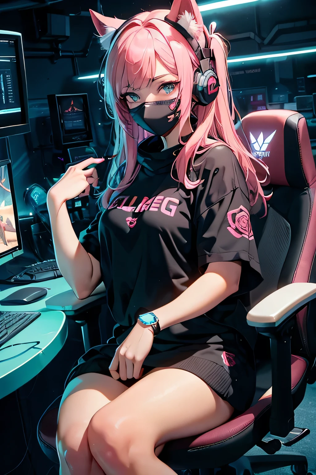 Highest image quality, outstanding details, ultra-high resolution, the best illustration, favor details, highly condensed, 1girl with long hairs , face blinded by a mask, ,the girl is wearing a gaming headset with cat ears, woman sitting on a big pink gaming chair, rose vibe, (rose colors), futurist style , big desk with many screens and a big gaming computer, , the girl is a hackers girl, some rose, cyberpunk, rose power, dressed in a fluo luminescent clothes , the background is a high-tech lighting scene in a gaming room with fluo luminescent graffiti on the walls , full view of woman, plan large, many fluo lights, black neon tubelights 