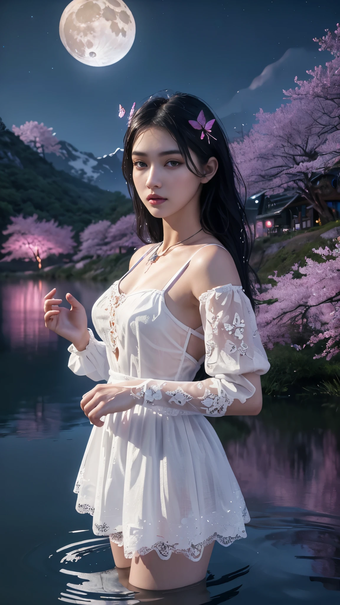 8K, ultra hd, masterpiece, 1 girl, ((18 years old girl)), good face, very long hair, detailed eyes, detailed lips, small breasts, detailed clothing, white clothing, ((criss-cross lace), sardine, ornament, jewellery, antique jewellery, loops, straps, dim lighting, epic scenery, ((night scenery:1.5)), ((Realistic moon)), cherry blossom, beautiful, rain, flowers, butterfly, water reflection, RTX 4090, (unreal engine 5), ray tracing, bloom effect, front body,