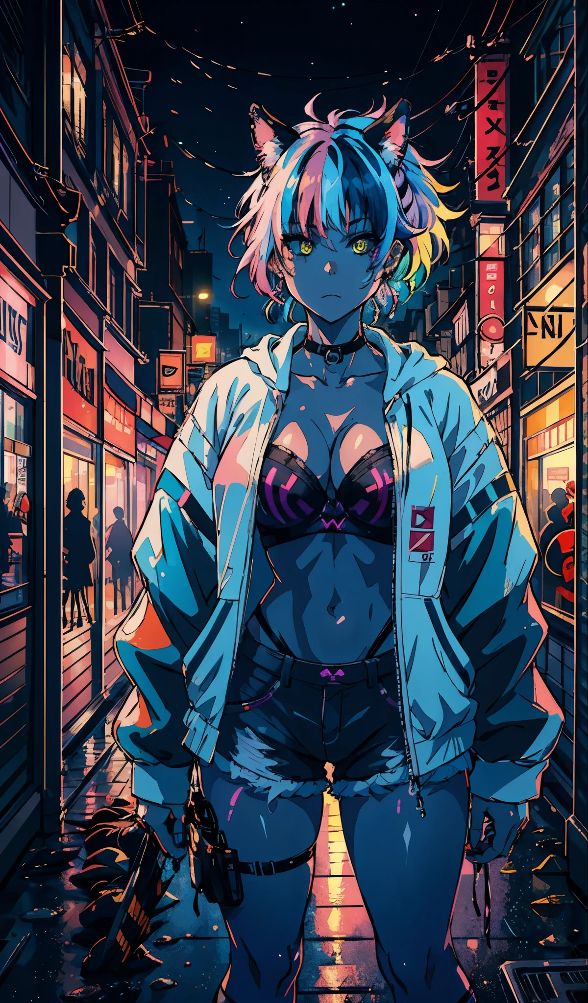 4k,CG Digital rendering,wallpaper,illustration,absurdres,Ultra HD,incredibly absurdres,masterpiece,amazing,finely detail,original,beautiful-detailed eyes,tyndall effect,dynamic angle,cyberpunk city,night,
(1girl:1.5),(solo),((streetwear)),toon,medium breasts,nsfw,shorts,((Sexual suggestion)),(standing),leaning forward,earrings,cat_ears,ribbon choker,(cleavage),((colorful streaked hair)),((( gradient hair))),
neon light,, ((painting, canvas, fine art)), detailedHDR, portrait, 50mm, F/2.8, 1m away,