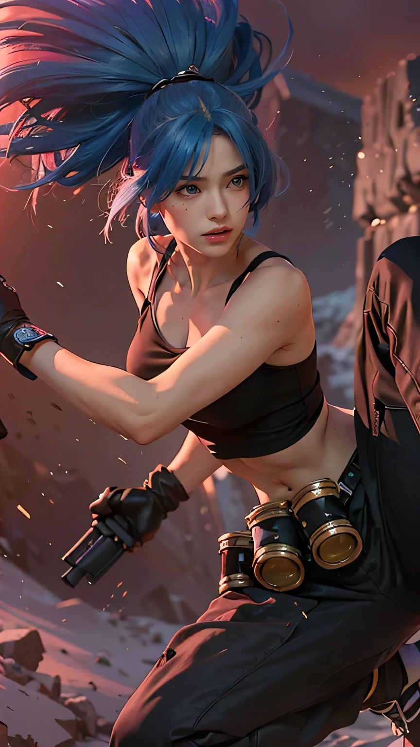 (8k, best quality, masterpiece:1.2), (realistic, photo-realistic:1.37), ultra-detailed,
A detailed portrait of 1 girl 21 year old girl, fantasy character, blue eyes, blue hair color, detail face, pale skin, perfect abs, face facing the camera, wearing black tanktop. The scene is illuminated with professional lighting, photon mapping, and radiosity, with Tetsuya Nomura Style and a japanese feel, Leona KoF cosplay, The King of Fighters. In the dark desert background with blur or bokeh effect, neon details, realistic light.