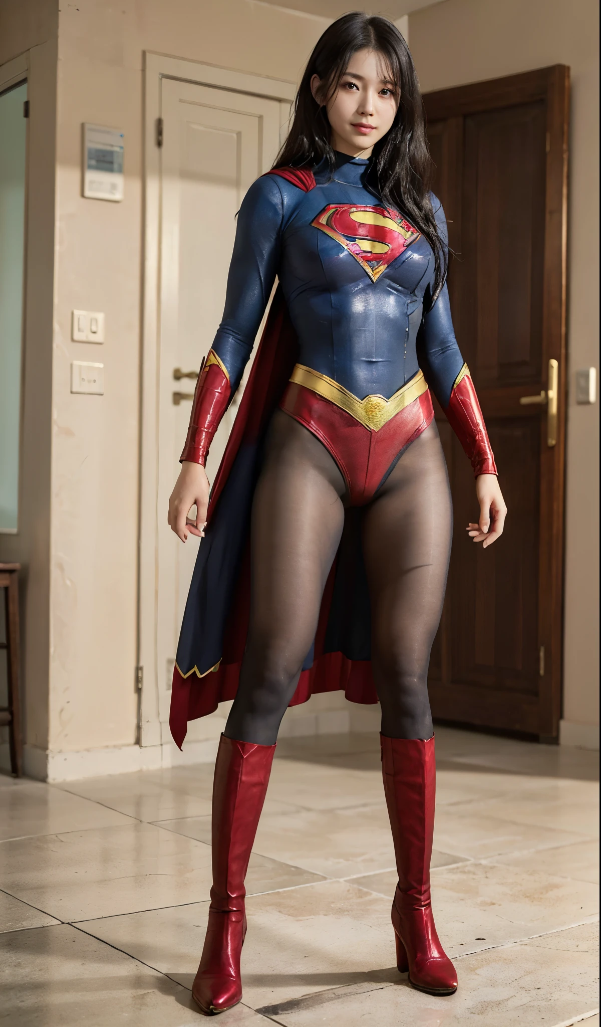 No background、(((Beautiful legs in black tights.)))、(((Legally express the beauty of your smile)))、((((Make the most of your original images)))、(((Supergirl Costume)))、(((Beautiful Hair)))、(((suffering)))、(((Please wear black tights....、Wear red boots)))、((Best image quality、8K))、((highest quality、8K、masterpiece:1.3))、(((Preserve background )))、Sharp focus:1.2、Beautiful woman with perfect figure:1.4、Thin abdominal muscles:1.2、Wet body:1.5、Highly detailed face and skin texture、8K