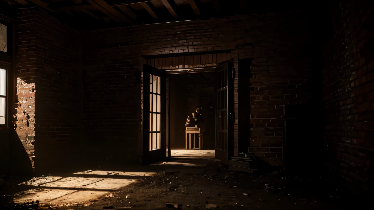 (best quality,photo-realistic:1.2),ultra-detailed,hidden gem,secret location,dusk,dimly lit room,solid walls,bricks,no escape,tense atmosphere,desolate world,hopeless,narrow space