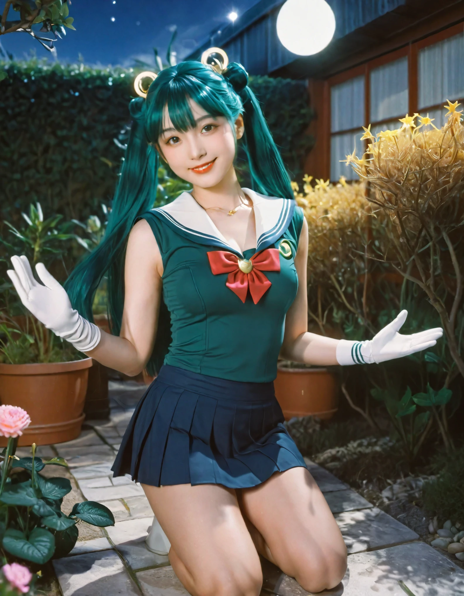16K resolution CG wallpaper using Unity, focusing on exquisite light and shadow effects with a very dramatic picture style, reminiscent of movie lens effects. The subject is a character inspired by Sailor Moon, featuring 1.4x the facial details with charming smile and star-like eyes. Her hair is a unique dark green, and she’s dressed in a tight top, white gloves, and a mini skirt. The character is captured in a dynamic pose, lying in a garden setting brimming with flowers. The background should be rich in details, illuminated with excellent lighting, and viewed through a wide-angle lens.