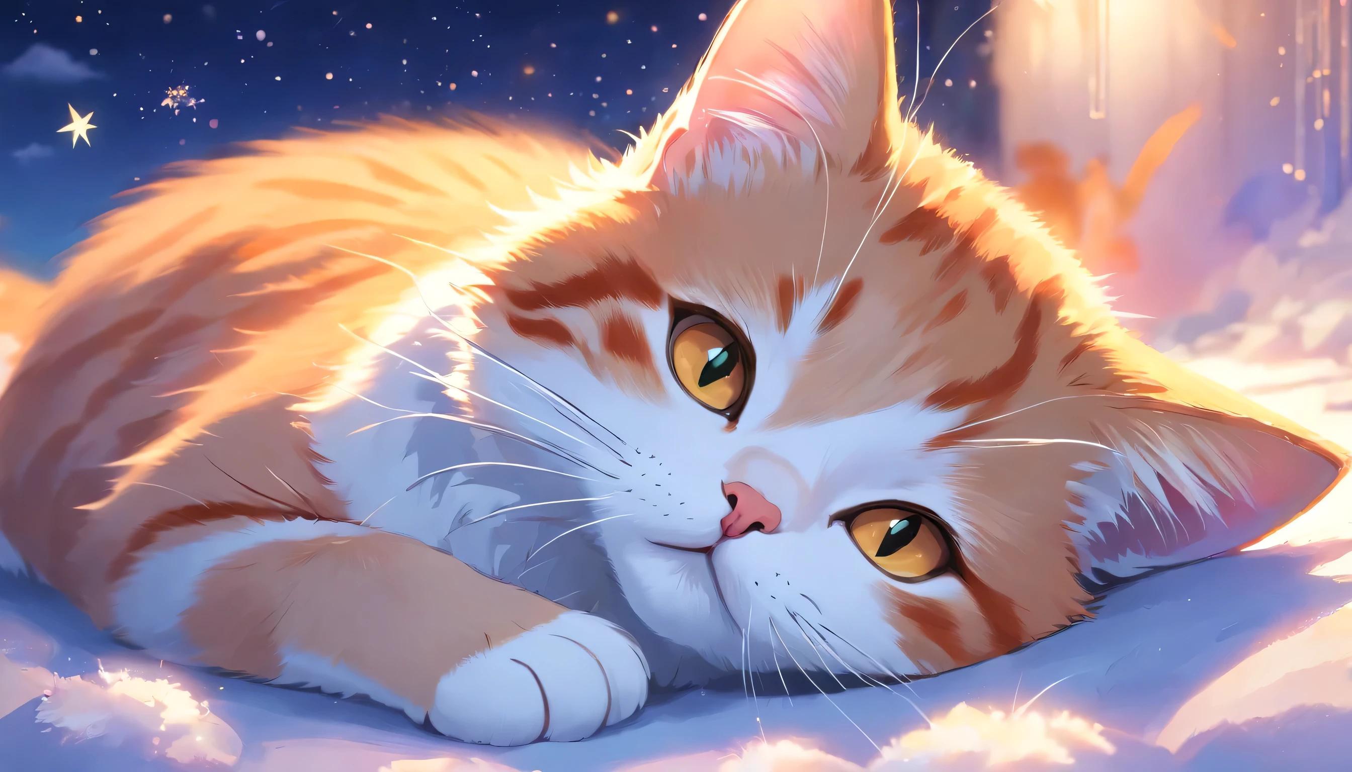 The angle of view is a close-up，HD, Disney Pixar style, digital painting, natural lighting, rich background, edge lighting, dreamy color tone, color palette, aspect ratio 16:9This picture depicts a small orange-and-white cat lying peacefully on a cloud that looks like snow, with its eyes closed, as if enjoying a sweet dream. The cat’s expression is very calm and content, with its mouth corners slightly turned up as if it’s smiling. The background of the painting is a dreamlike starry sky, adorned with dangling stars and soft halos, some of which connect with graceful lines to create a quiet and peaceful night atmosphere.The overall style can be described as full of fantasy and fairy-tale colors. The entire image is dominated by warm and bright colors, The use of color is soft and layered; the orange and white cat contrasts sharply with the dark blue and purple background, creating a warm versus cool tone that enhances the snug feel of the picture.presenting a peaceful, warm, and pleasant feeling that makes one’s mood very relaxed and happy after looking at it. In addition, the details of the painting are exquisitely handled, such as the texture of the cat’s fur, the fluffiness of the clouds, and the twinkling starlight, all of which add to the picture’s delicacy and charm.close eyes