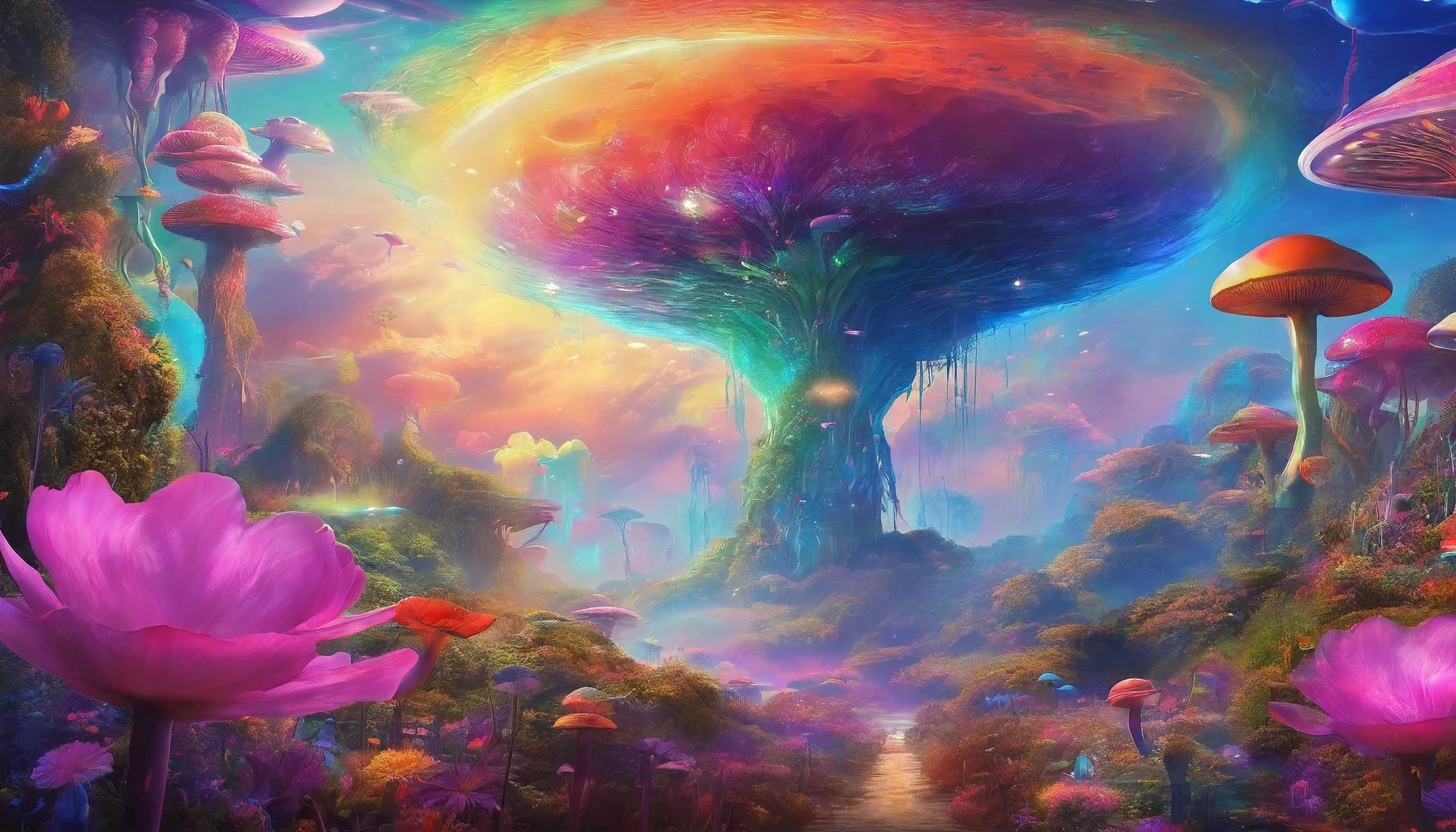Imagine a planet year is 2251
Future is beautiful, peaceful, filled with plants and strange flowers all over, sunset has planets in the sky, colorful purple, neon green and orange, cyberpunk style, widescreen 8k, hyper realistic, reflection of water, with floating jellyfish and large mushrooms, large roses, with a huge ufo flying in the sun.
