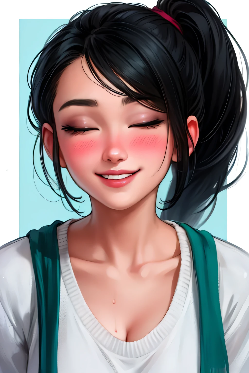 Amazing portrait of a sexy woman with a beautiful face wearing her luscious black hair in a cute ponytail and seductively gazing and smiling with her soft lips that are parted while blushing intensely and smiling wearing a dark green sweater and cream cargo pants having a medium chest with cleavage and a perfect body