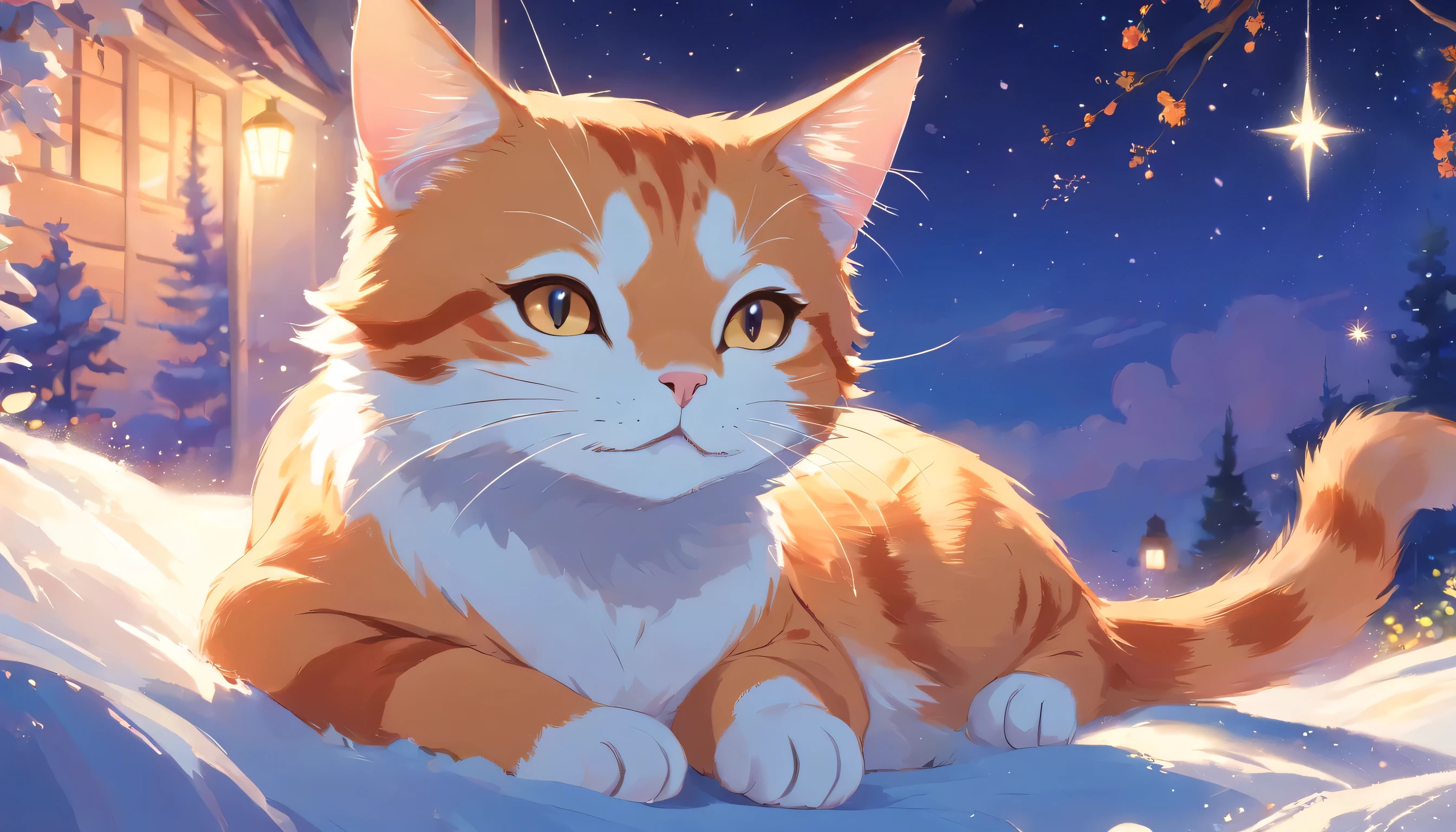 The angle of view is a close-up，HD, Disney Pixar style, digital painting, natural lighting, rich background, edge lighting, dreamy color tone, color palette, aspect ratio 16:9This picture depicts a small orange-and-white cat lying peacefully on a cloud that looks like snow, with its eyes closed, as if enjoying a sweet dream. The cat’s expression is very calm and content, with its mouth corners slightly turned up as if it’s smiling. The background of the painting is a dreamlike starry sky, adorned with dangling stars and soft halos, some of which connect with graceful lines to create a quiet and peaceful night atmosphere.The overall style can be described as full of fantasy and fairy-tale colors. The entire image is dominated by warm and bright colors, The use of color is soft and layered; the orange and white cat contrasts sharply with the dark blue and purple background, creating a warm versus cool tone that enhances the snug feel of the picture.presenting a peaceful, warm, and pleasant feeling that makes one’s mood very relaxed and happy after looking at it. In addition, the details of the painting are exquisitely handled, such as the texture of the cat’s fur, the fluffiness of the clouds, and the twinkling starlight, all of which add to the picture’s delicacy and charm.close eyes