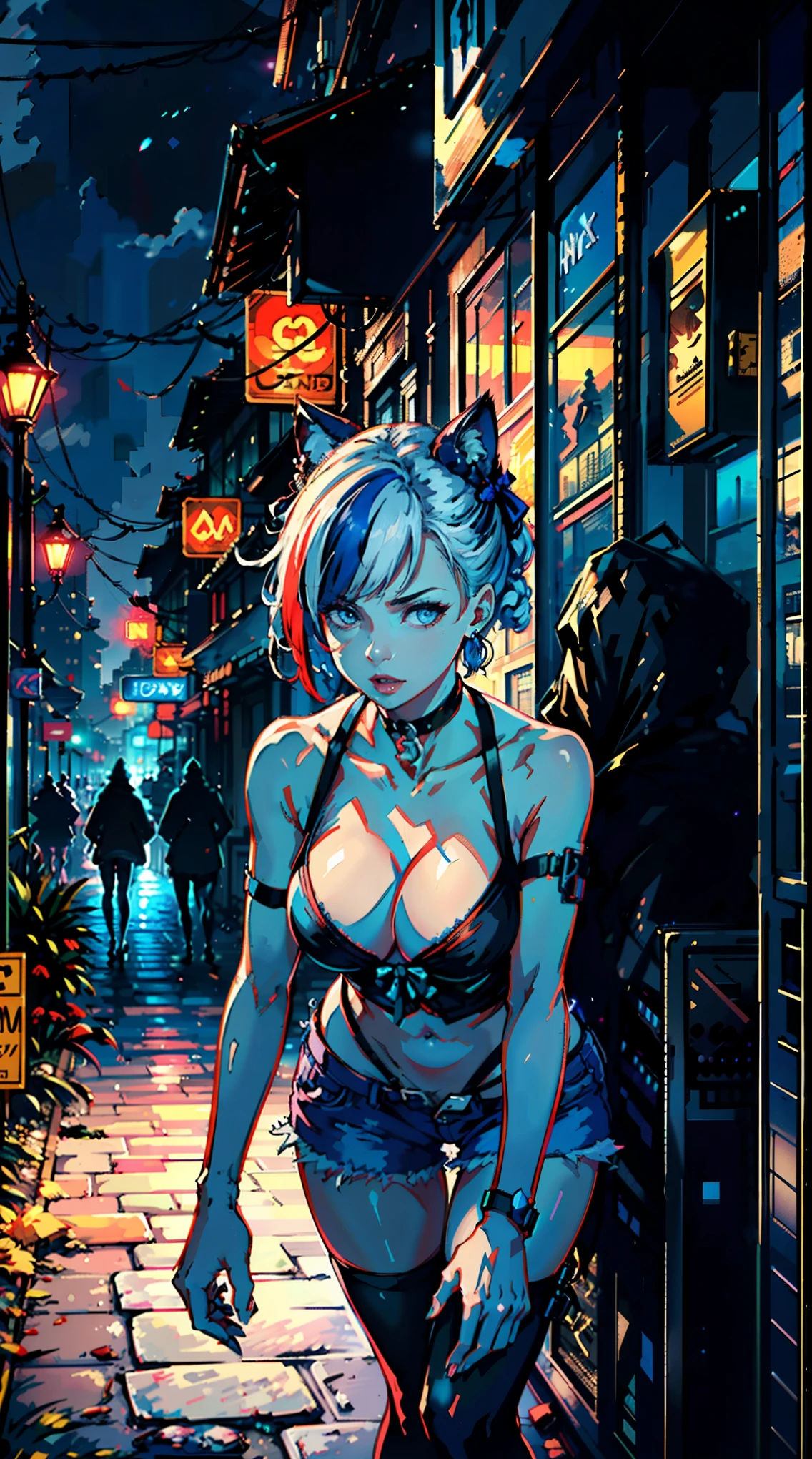 4k,CG Digital rendering,wallpaper,illustration,absurdres,Ultra HD,incredibly absurdres,masterpiece,amazing,finely detail,original,beautiful-detailed eyes,tyndall effect,dynamic angle,cyberpunk city,night,

(1girl:1.5),(solo),((streetwear)),toon,medium breasts,nsfw,shorts,((Sexual suggestion)),(standing),leaning forward,earrings,cat_ears,ribbon choker,(cleavage),((colorful streaked hair)),((( gradient hair))),

neon light,, ((painting, canvas, fine art)), detailedHDR, portrait, 50mm, F/2.8, 1m away，