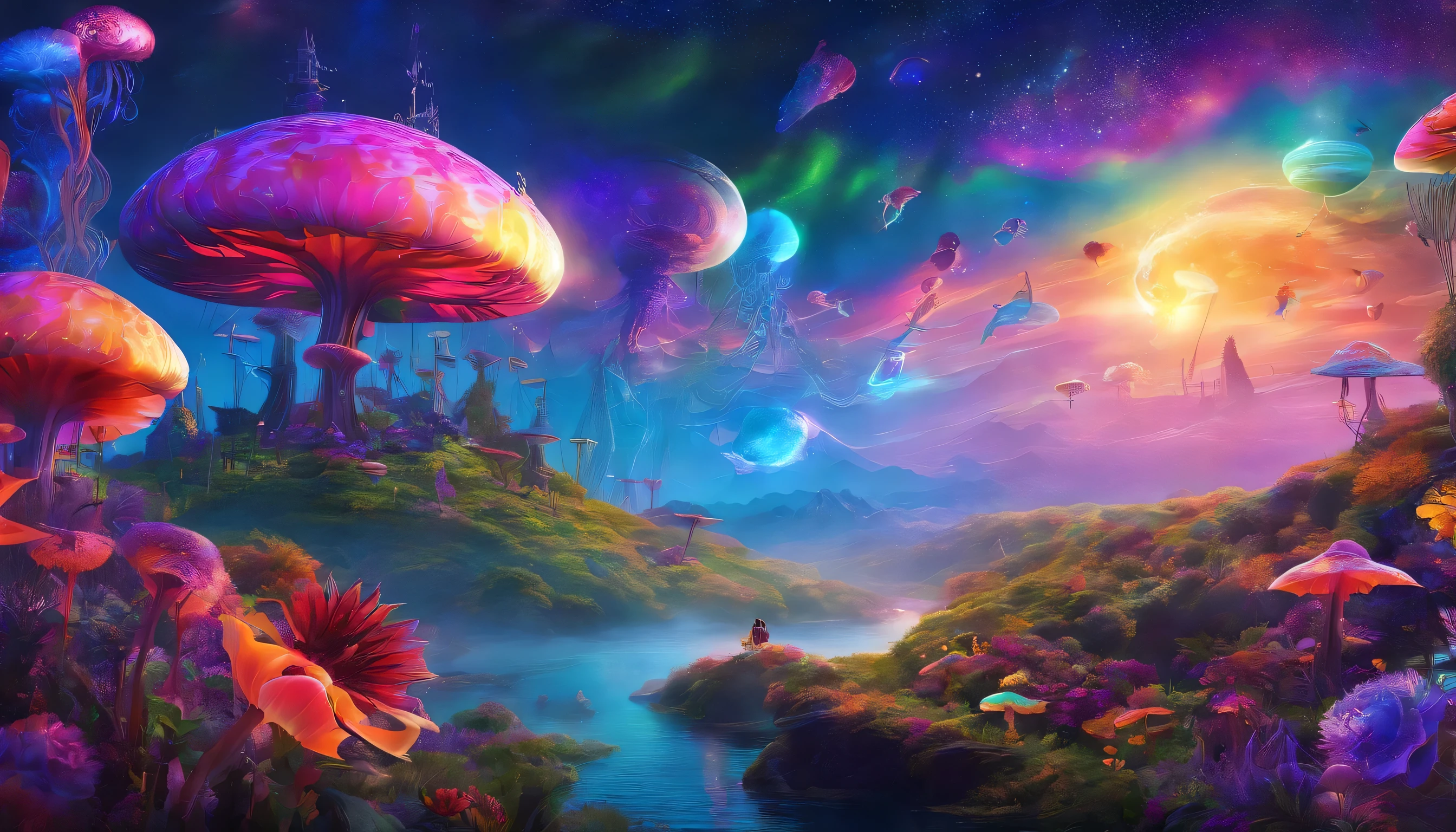 Imagine a planet year is 2251 
Future is beautiful, peaceful, filled with plants and strange flowers all over, sunset has planets in the sky, colorful purple, neon green and orange, cyberpunk style, widescreen 8k, hyper realistic, reflection of water, with floating jellyfish and large mushrooms, large roses, with a huge ufo flying in the sun. 