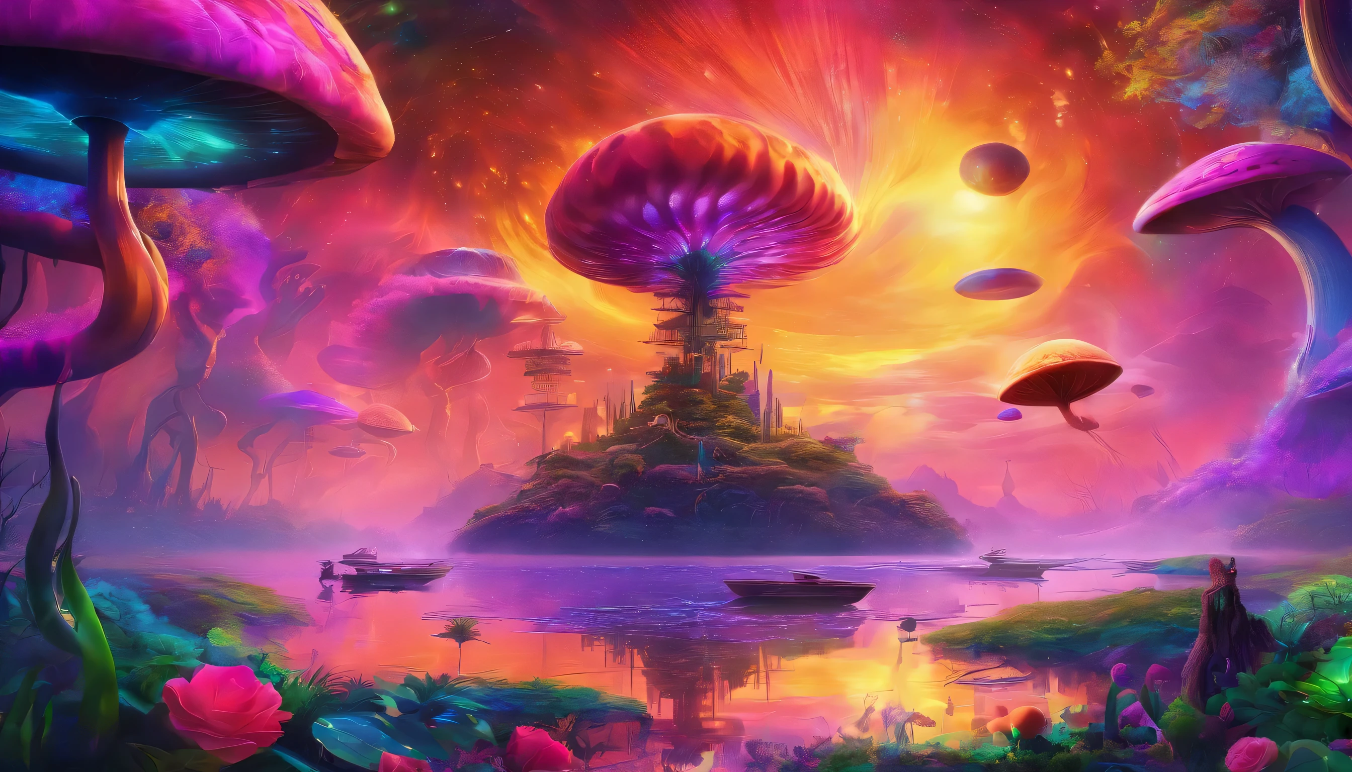 Imagine a planet year is 2251
Future is beautiful, peaceful, filled with plants and strange flowers all over, sunset has planets in the sky, colorful purple, neon green and orange, cyberpunk style, widescreen 8k, hyper realistic, reflection of water, with floating jellyfish and large mushrooms, large roses, with a huge ufo flying in the sun.