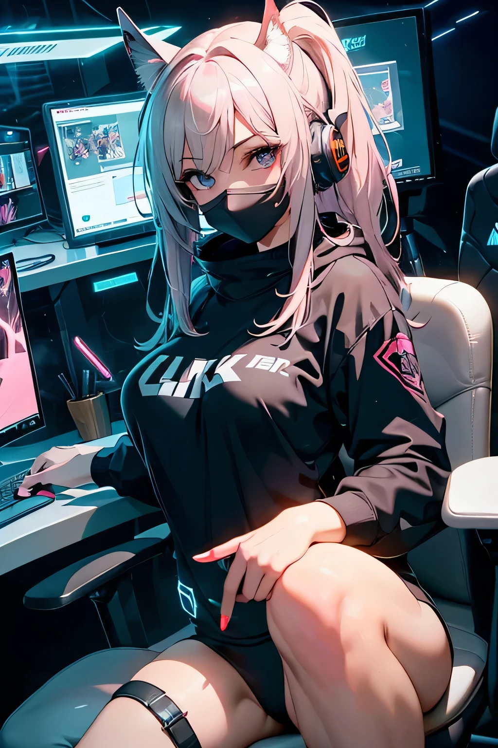 Highest image quality, outstanding details, ultra-high resolution, the best illustration, favor details, highly condensed,gaming actions, Gamer girl, in game, the girl is playing game party, the girl is gaming shooting game in a computer, 1girl with long white hairs with 2 big twin ponytail ,the girl is wearing a gaming headset with cat ears, woman sitting on a big pink gaming chair , big desk with many screens and a big gaming computer, the girl is a hackers girl, cyberpunk, dressed in a luminescent bodysuit , the background is a high-tech lighting scene in a gaming room, fluos luminescents graffitis on the walls , full view of woman, plan large, many fluo lights, black neon tubelights, HD, high quality, beautiful lightening 