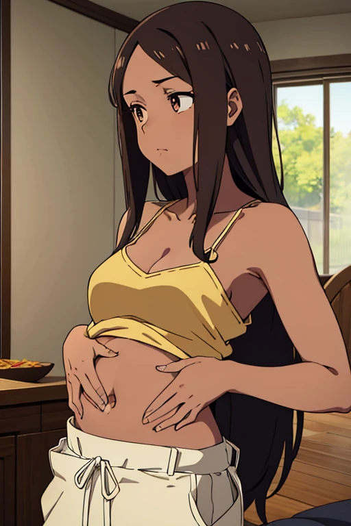 ((best quality)), ((masterpiece)), (detailed), perfect face, brown skin anime girl in a V Neck Spaghetti Strap Backless Cami Top, (trousers), famished in hunger, (gently resting hands on stomach), (long hair), (hands on her stomach)