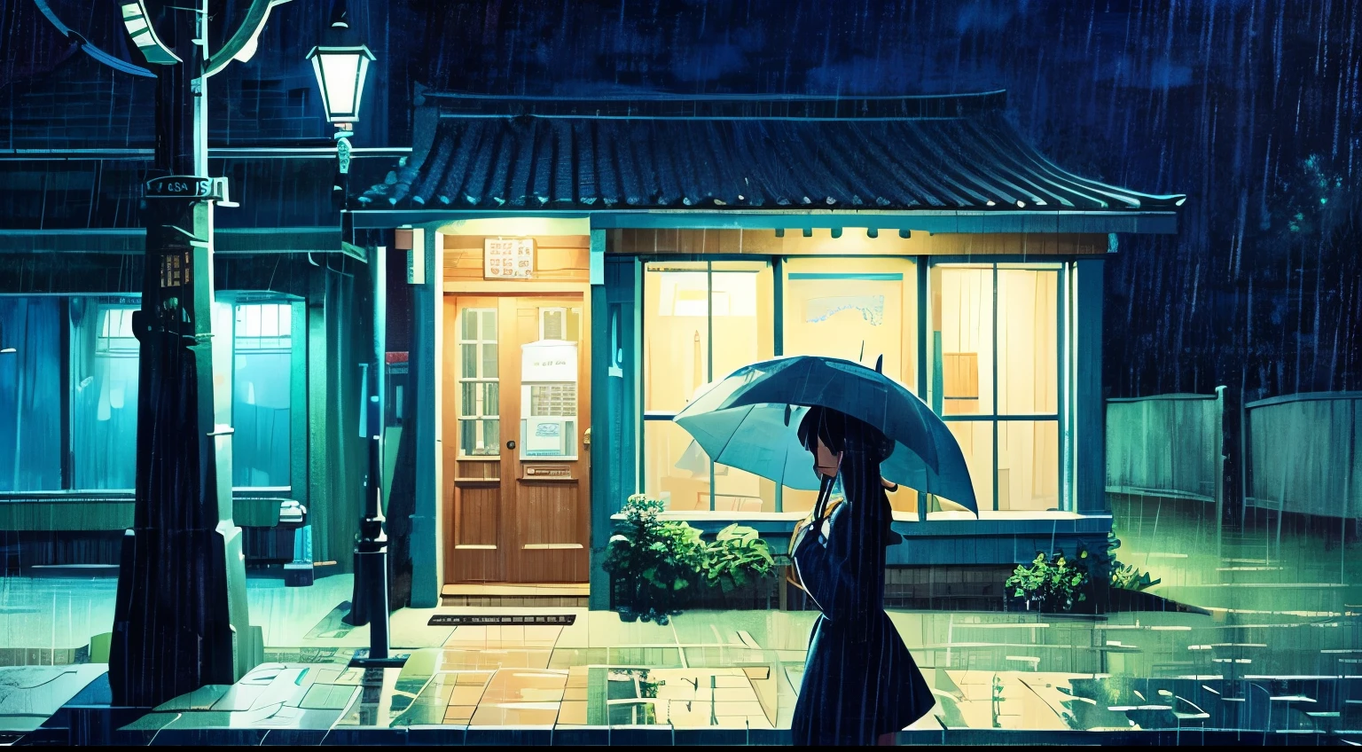 rain Cafe night Ghibli-style illustrations
