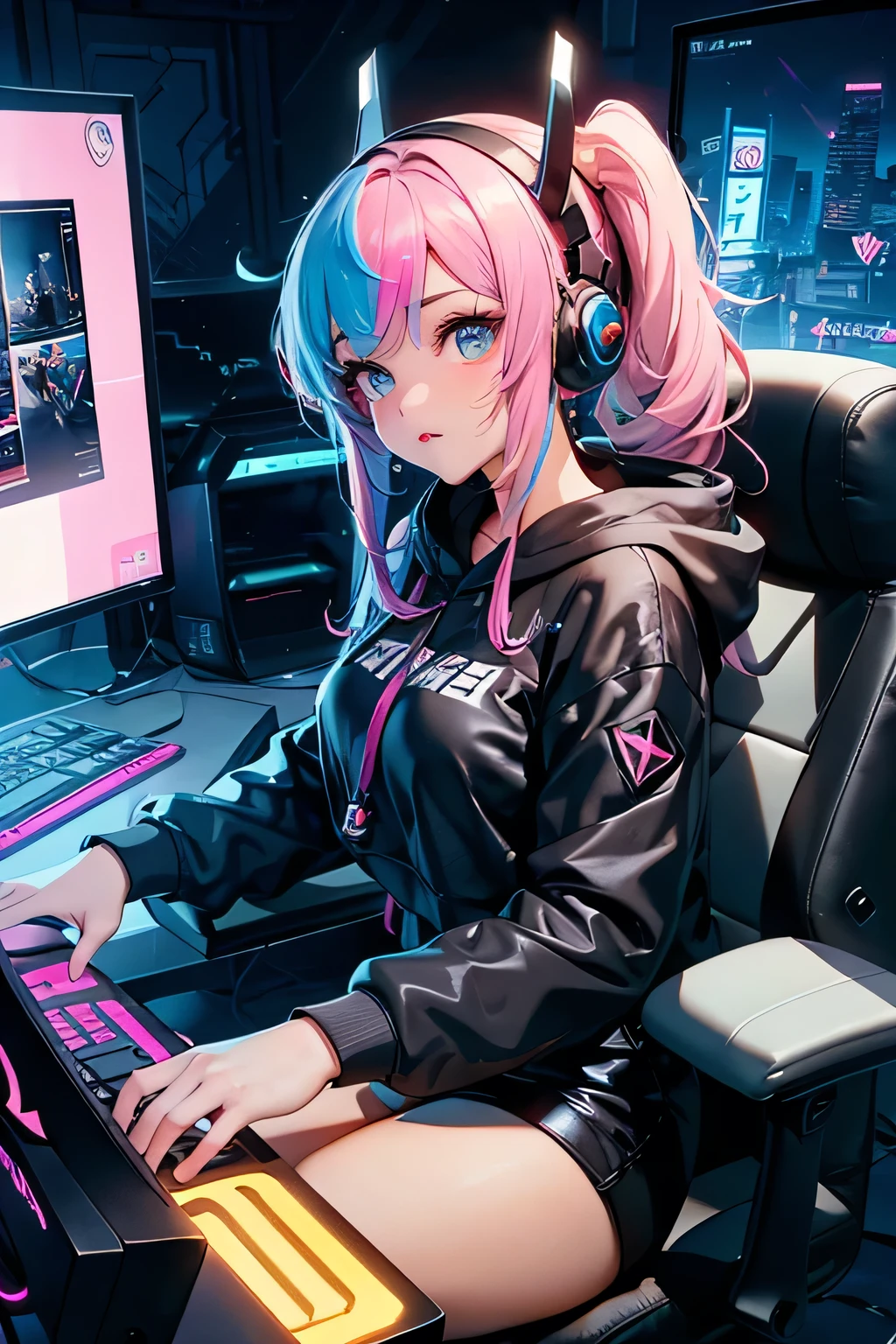 Highest image quality, outstanding details, ultra-high resolution, the best illustration, favor details, highly condensed, in gaming actions, Gamer girl, in game, the girl is playing game party, the girl is gaming shooting game on a computer, 1girl with long rainbowcolors hairs with 2 big twin ponytail ,the girl is wearing a gaming headset with cat ears, woman sitting on a big pink gaming chair , big desk with many screens and a big gaming computer, the girl is a hackers girl, cyberpunk, dressed in a sexy gaming bodysuit , the background is a high-tech lighting scene in a gaming room, fluos luminescents graffitis on the walls , full view of woman, plan large, many fluo lights, black neon tubelights, HD, high quality, beautiful lightening 