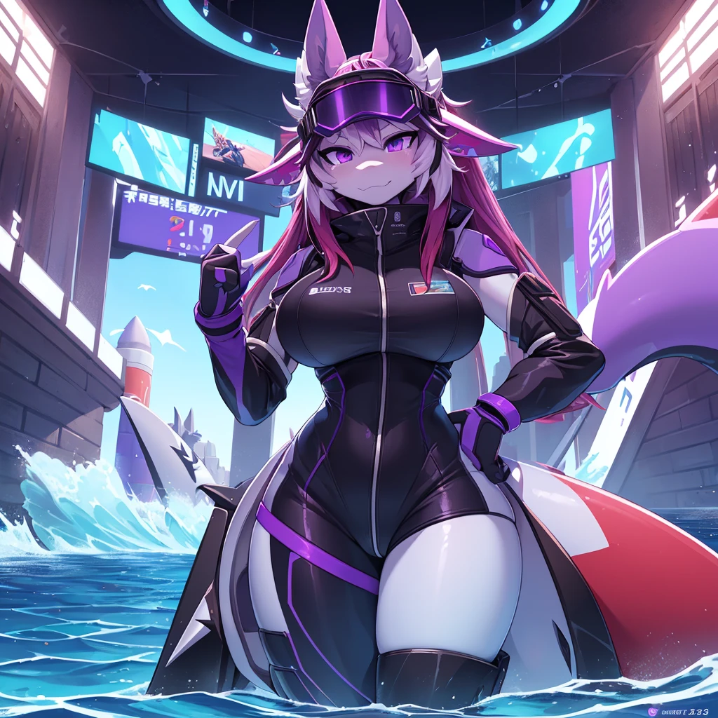 ((best quality, Masterpiece, perfect anatomy, Detailed pictures)), 1 female, arctic protogen, shark girl, Long visor, purple visor, purple eyes, sexy body, Big Pong, big breasts, Future military clothing, Shark tail, red red, shy, in the sea, front view, Bust 82, Waist 56, Thigh 83