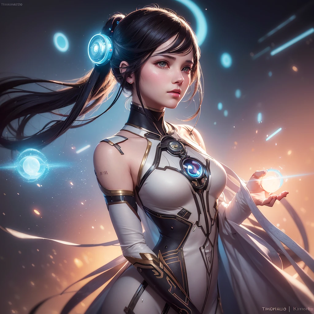 Beautiful portrait of an AI assistant feminine avatar, retro-futuristic digital illustration by Greg Rutkowski and Thomas Kinkade, innocent expression, neural graphic elements incorporated in minimalist design, soft Radiant light, delicate details, sharp focus, intricate, highly detailed
