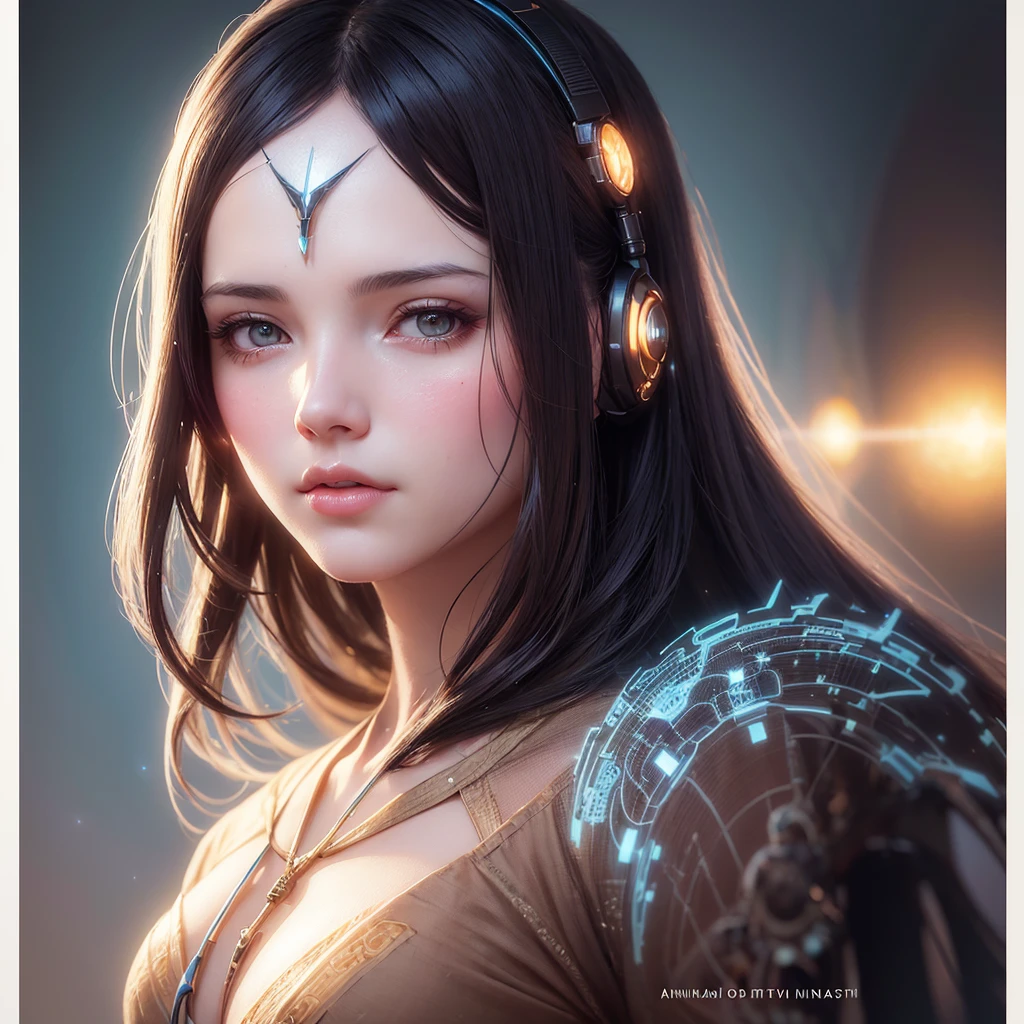 Beautiful portrait of an AI assistant feminine avatar, retro-futuristic digital illustration by Greg Rutkowski and Thomas Kinkade, innocent expression, neural graphic elements incorporated in minimalist design, soft Radiant light, delicate details, sharp focus, intricate, highly detailed