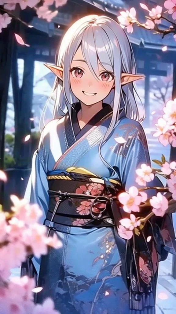 1 elf woman, very dark tanned skin, beautiful silver hair, pointed ears, beautiful red eyes, Japanese kimono, cherry blossoms, upper body depiction, friendly smile, lips open, close-up, 8K,