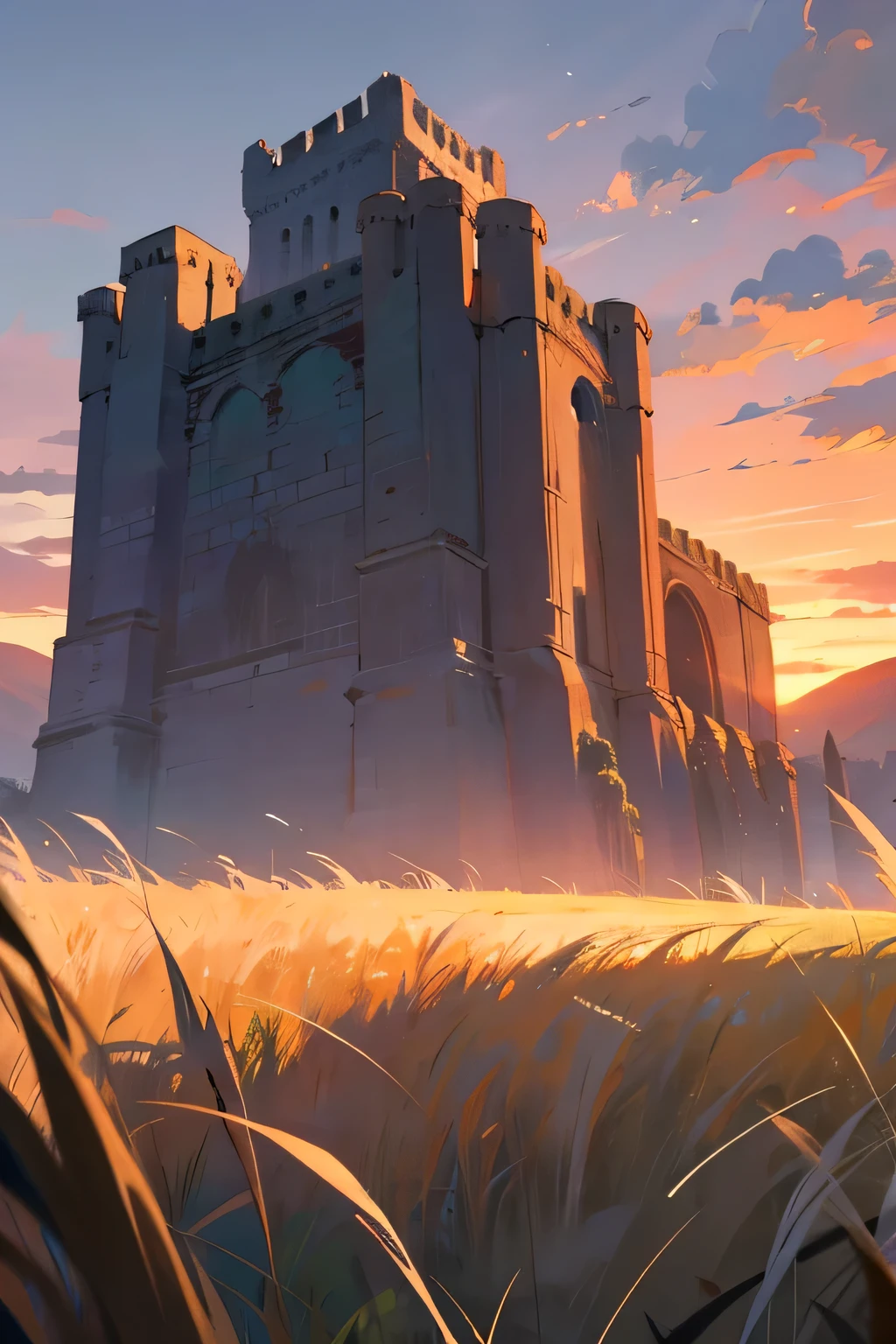 stone fortress, grass fields, sunset, imposing