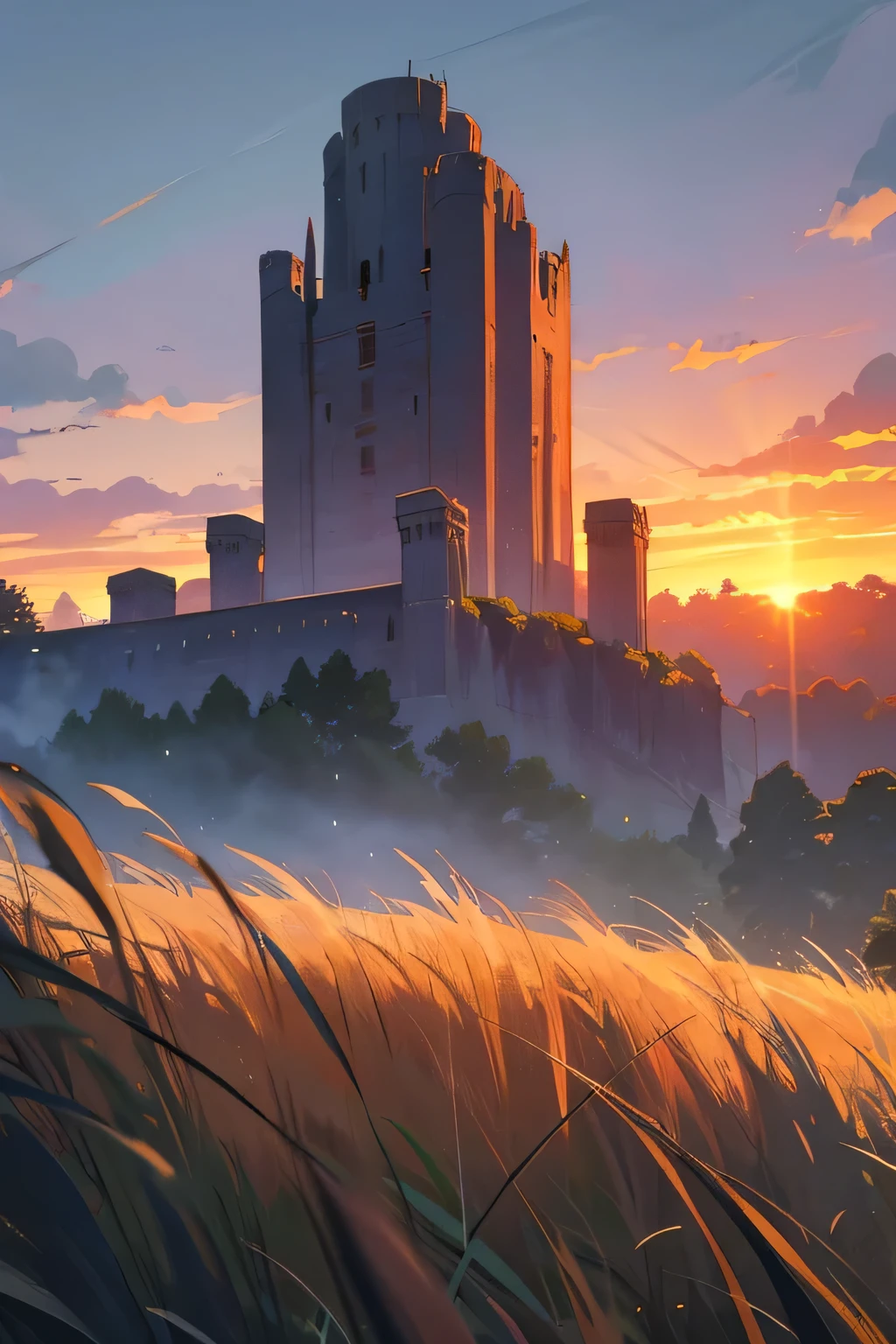 stone fortress, grass fields, sunset, imposing